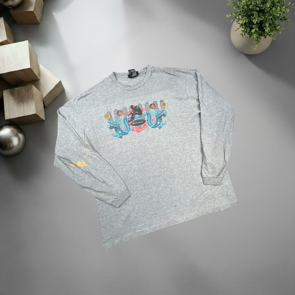 Vintage Y2K No Boundaries Grinder Skate Dragon Graphic Long Sleeve Shirt Gray L
